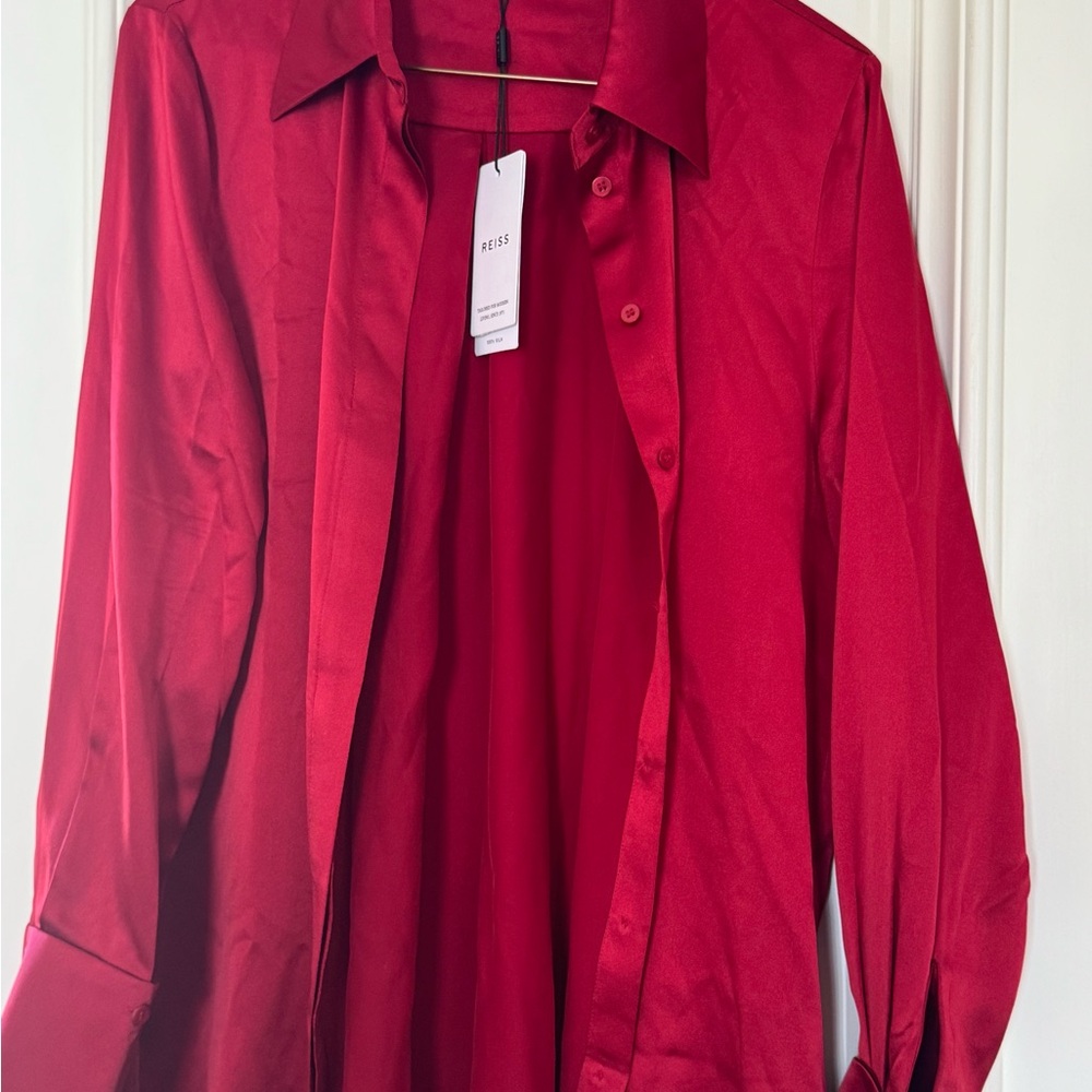 Reiss cherry Red silk medium weight silk charmeuse shirt w French cuffs.